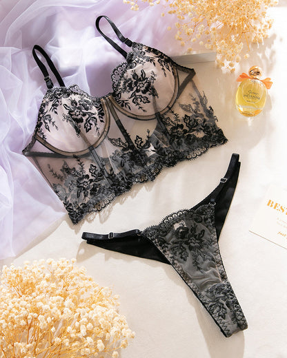 Black lace embroidery underwire herringbone bra set