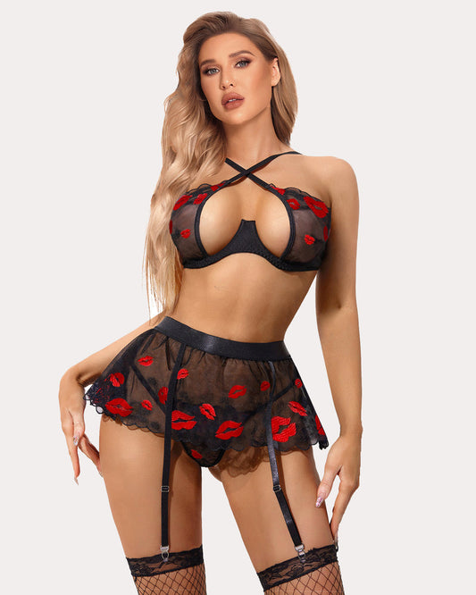 3 Piece Lace Floral Push Up Lingerie Set