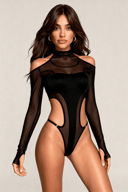 Body damskie z długim rękawem i rajstopami - ONYX Black